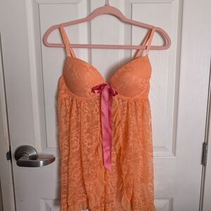 Chic Orange Lace Chemise with Pink Bow